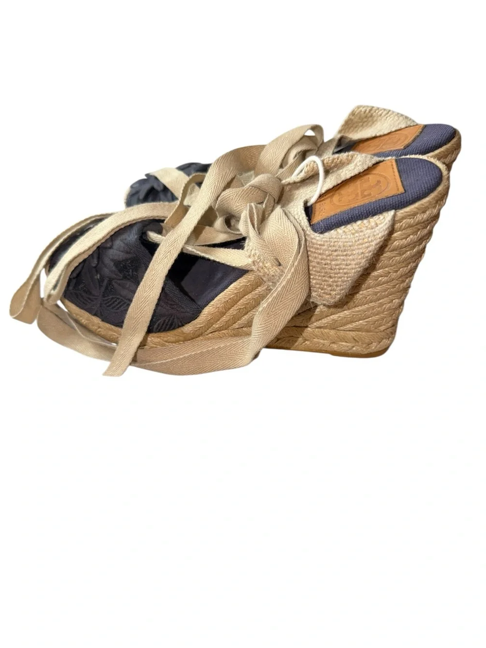 Tory Burch Black Floral Appliqué Espadrille Wedges with Natural Ties
